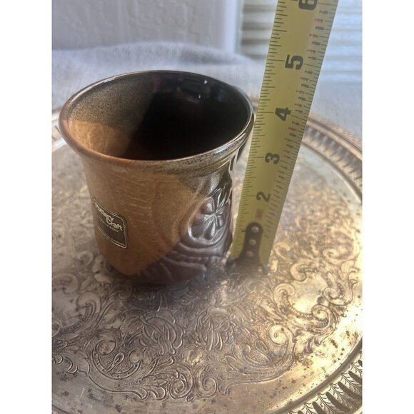 Rare Vintage Pottery Craft USA Large Coffee Mug 3D Flower Brown Black Glazed Cup - Picture 6 of 7